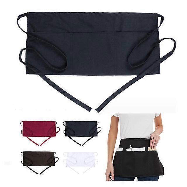 Waist Apron with 3 Pockets - Black Waitress Waiter Server Short Aprons