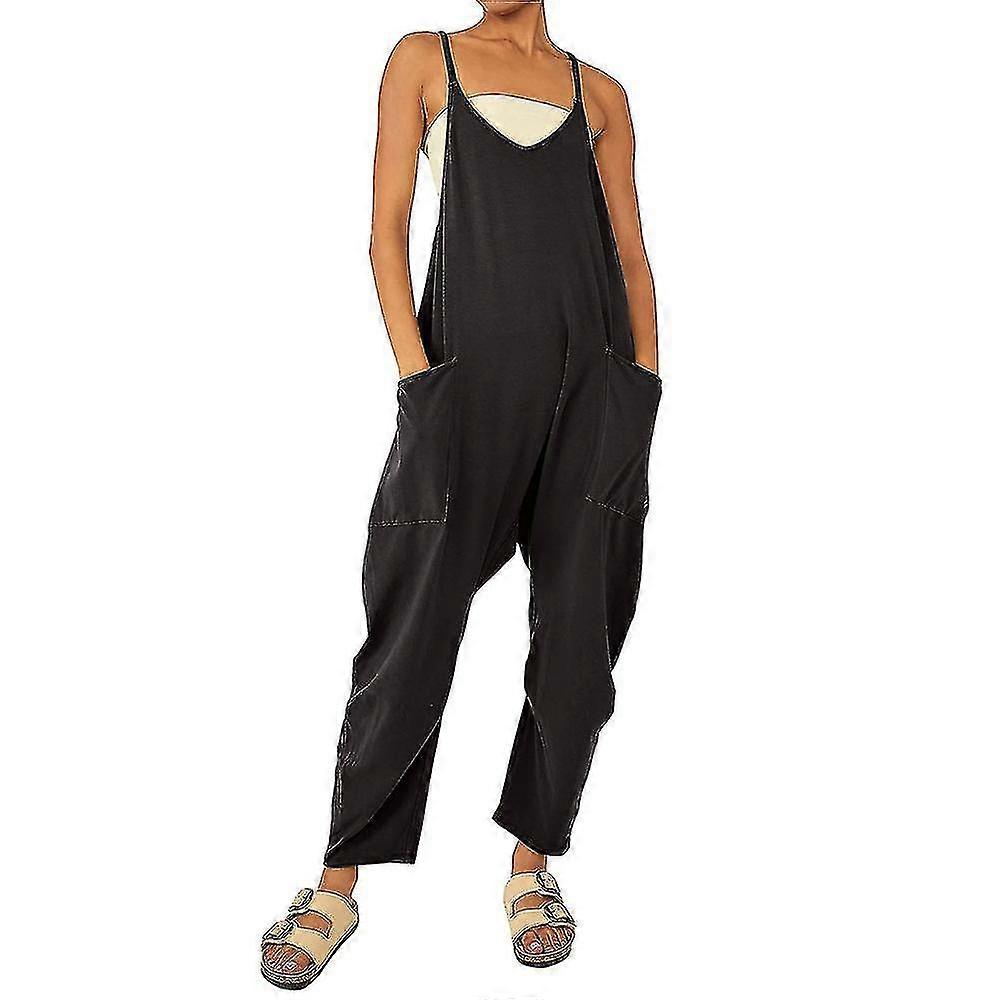 Women's Plain Casual Long Overalls Bib Pants Jumpsuit Playsuit Baggy Romper With Pockets Plus Size