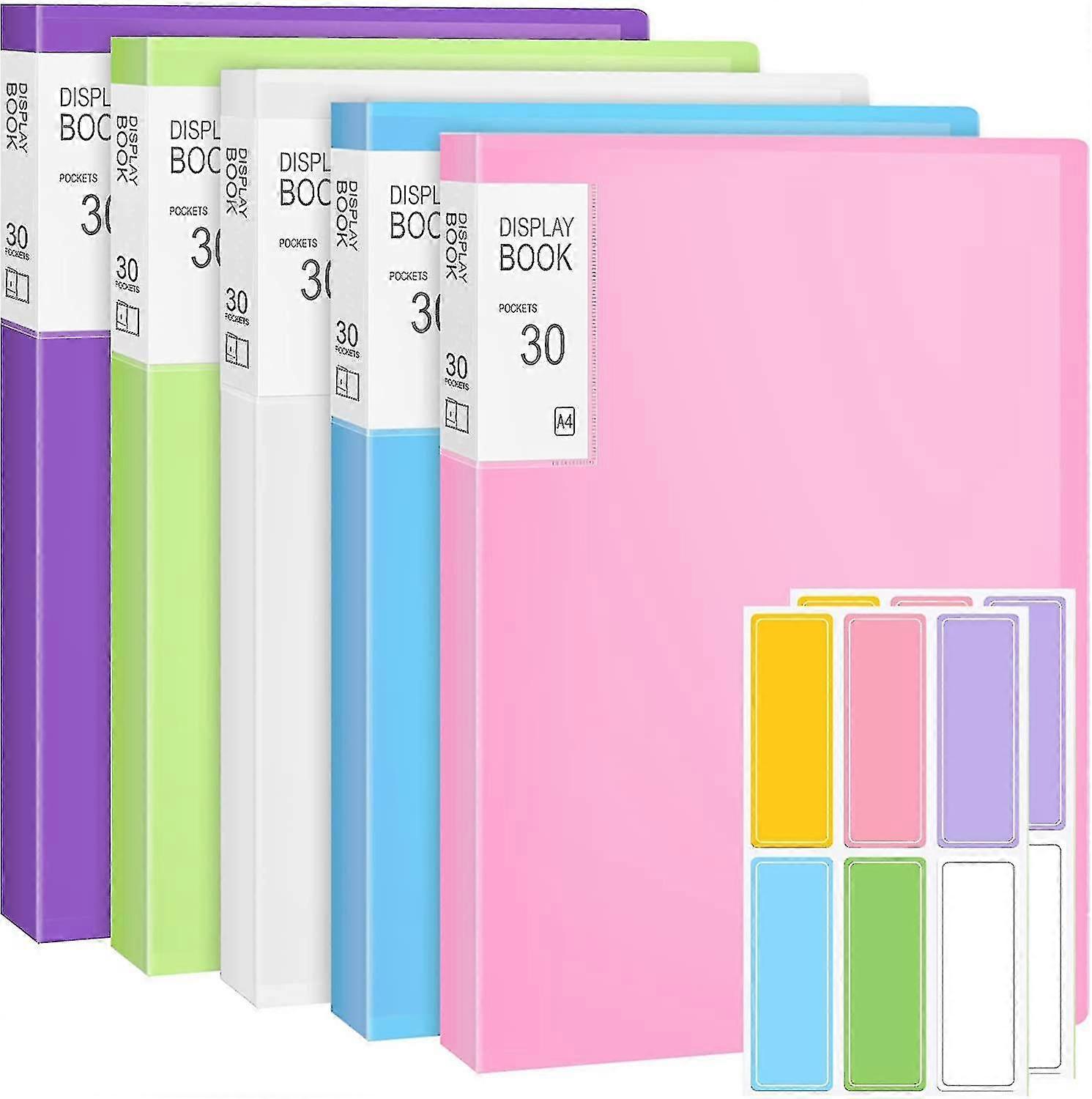 A4 Display Folders, 5 Pack 30 Pockets Display Book Document Pastas Limpas com mangas de plástico