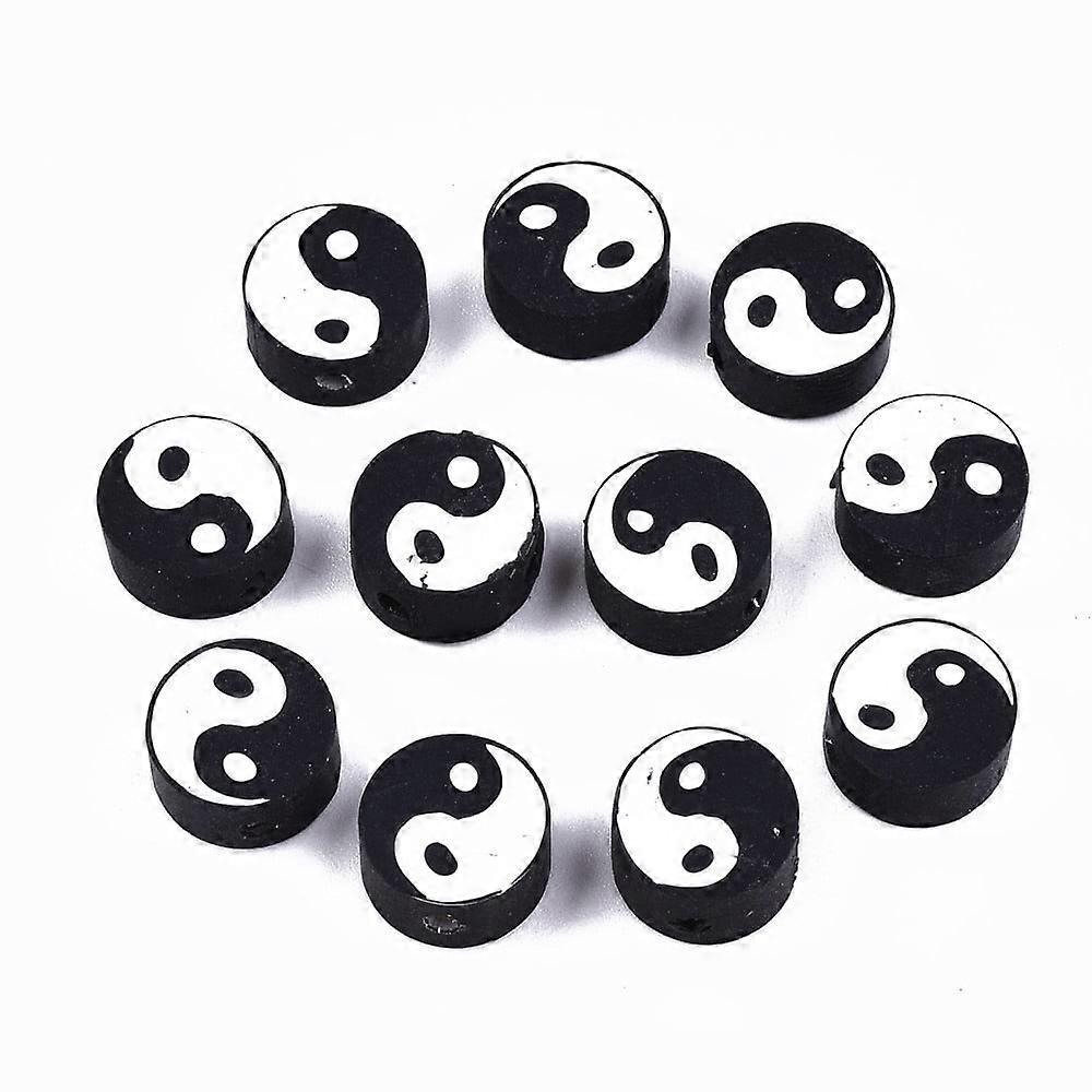 50pc Handmade Polymer Clay Beads Flat Round with Yin Yang Black 9~10x9~10x4~7mm Hole: 2mm