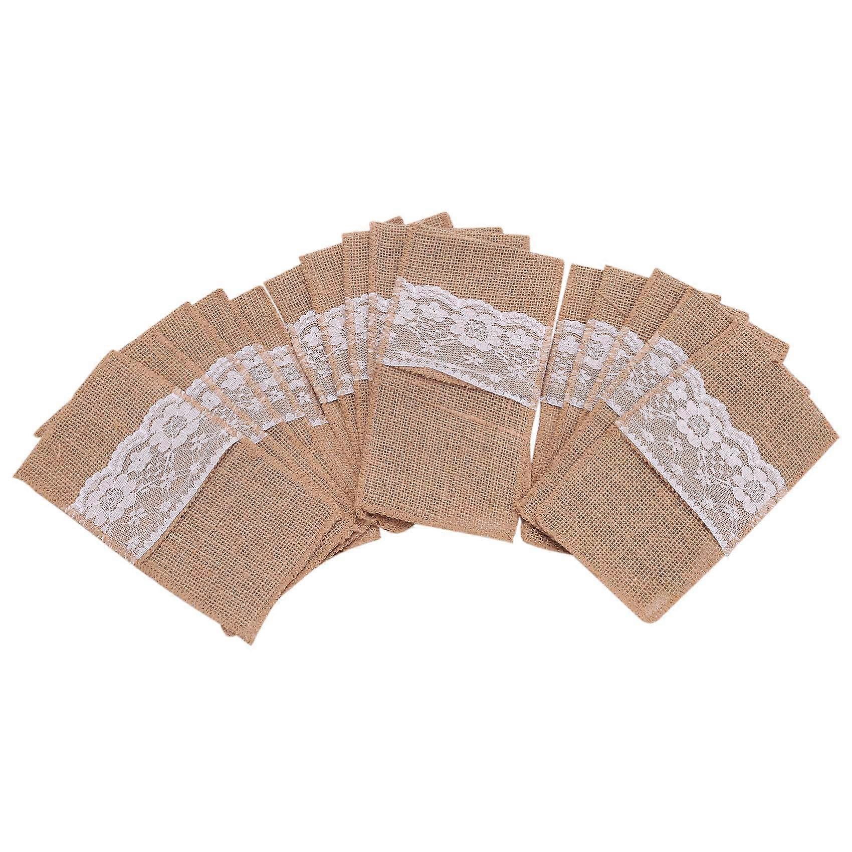 75Pcs Burlap Lace Cutlery Pouch Rustic Wedding Tableware Knife Fork Holder Bag Hessian Table Decora