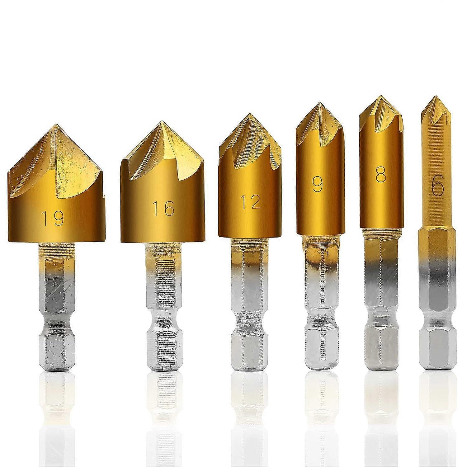 Countersink Drill Bits, Hex Shank Woodworking Drill Bit Set High Speed Steel Countersink Drill Bits Titanium Coated Center Punch Tool, 6/8/9/12/16/19m