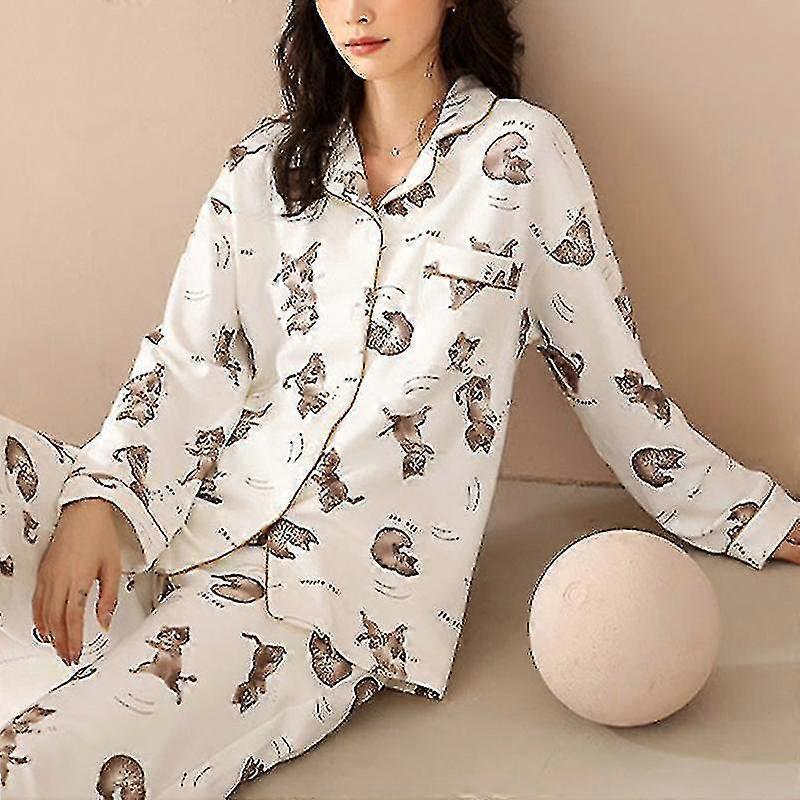 Lucky Cat Print Pijamas Algodão Gato Roupas Loungewear