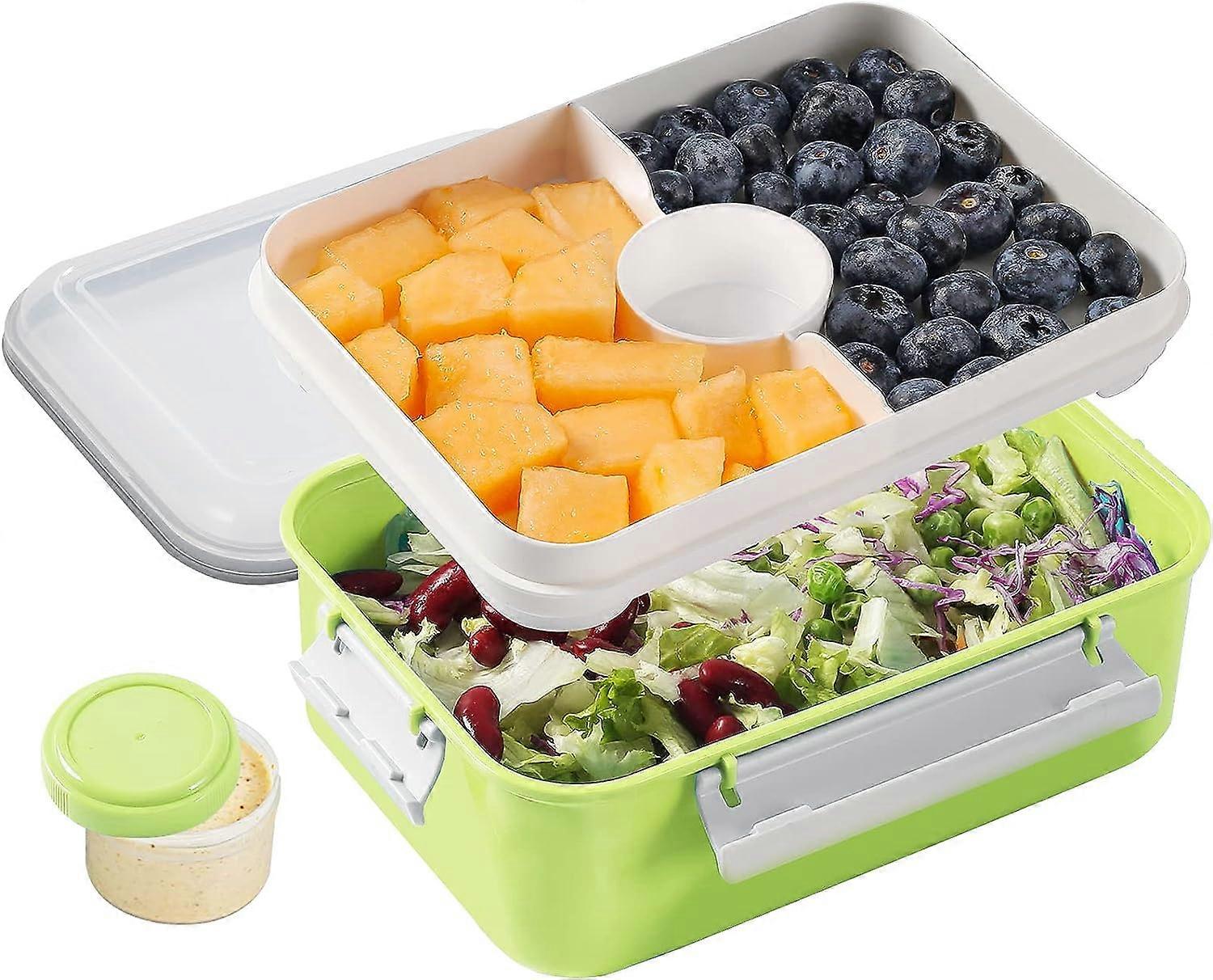 Salad Food Storage Container to Go, Bento Box with Removable Tray & Dressing Pots, for Lunch, Snacks, School & Travel - Food Storage Containers Green