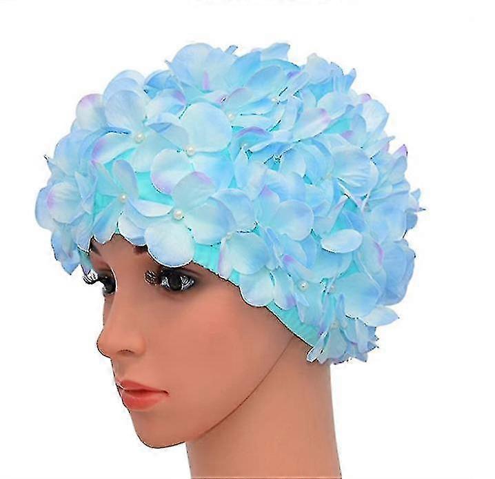 Women's Swim Cap In Vintage Style, Floral Print, Retro Style, Light Blue