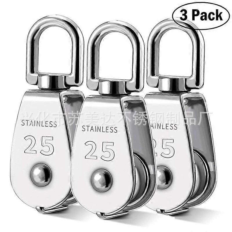 3pcs Single Pulley Block M25 Stainless Steel Small Pulley Roller For Rope Cord In Swivel Silver Pul