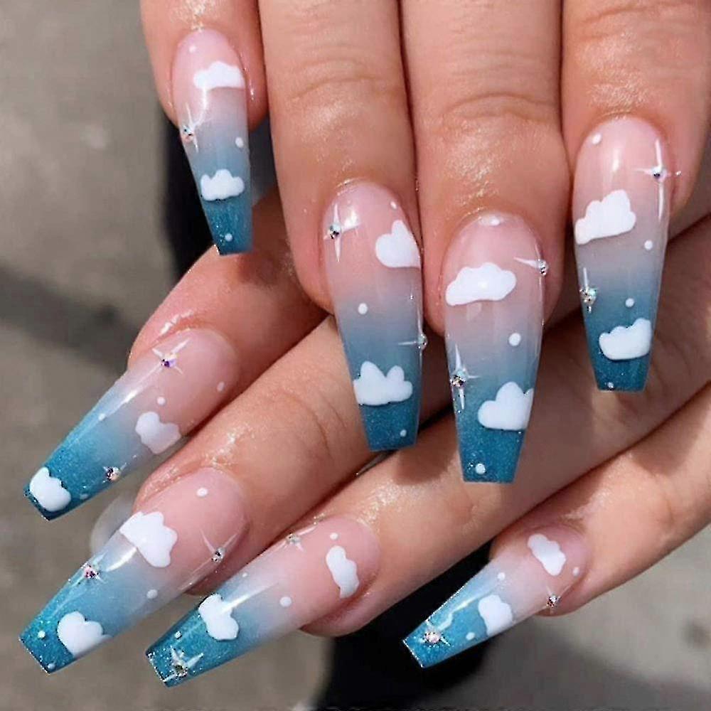 Press On Nails Long-gradient Coffin Fake Nails Blue Cloud False Nails