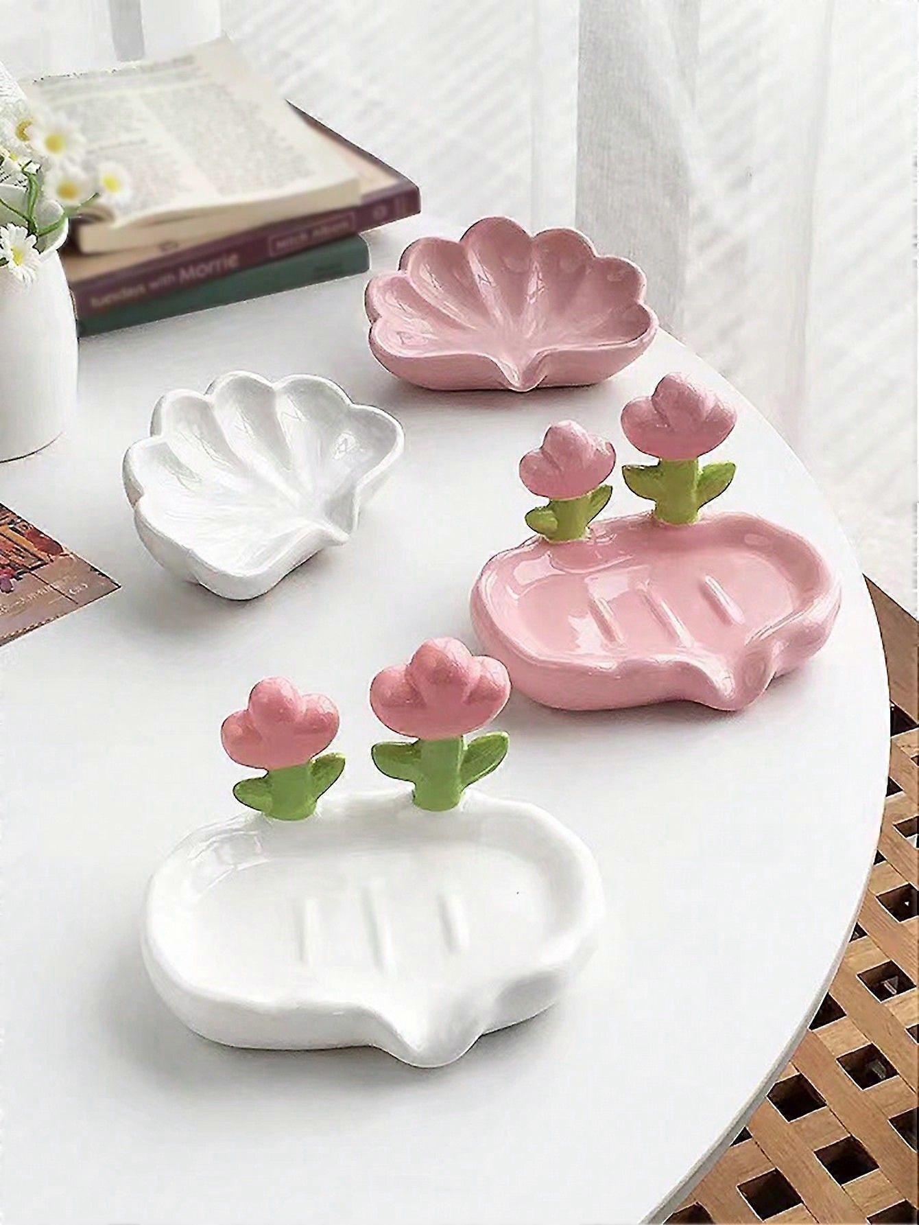 1 قطعة صحن صابون بلاستيكي أبيض إبداعي مع ثقوب تصريف ، حامل صابون لطيف على شكل زهرة بدون حفر ، صينية صابون رائعة لحوض الحمام ، لا وا