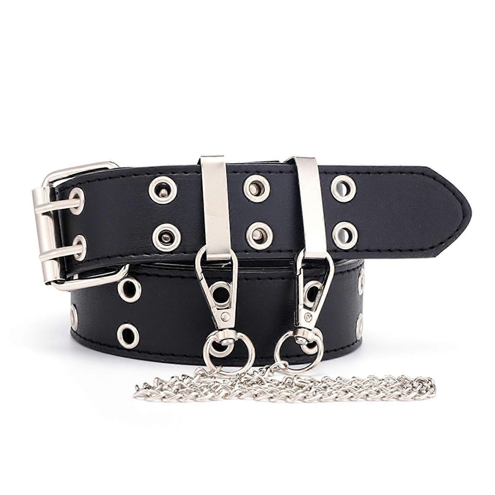 Casual Punks Rock Belt with Holes Personalized Chain Versatile Wasit Belt Fashion PU Leather Clothes Accessory