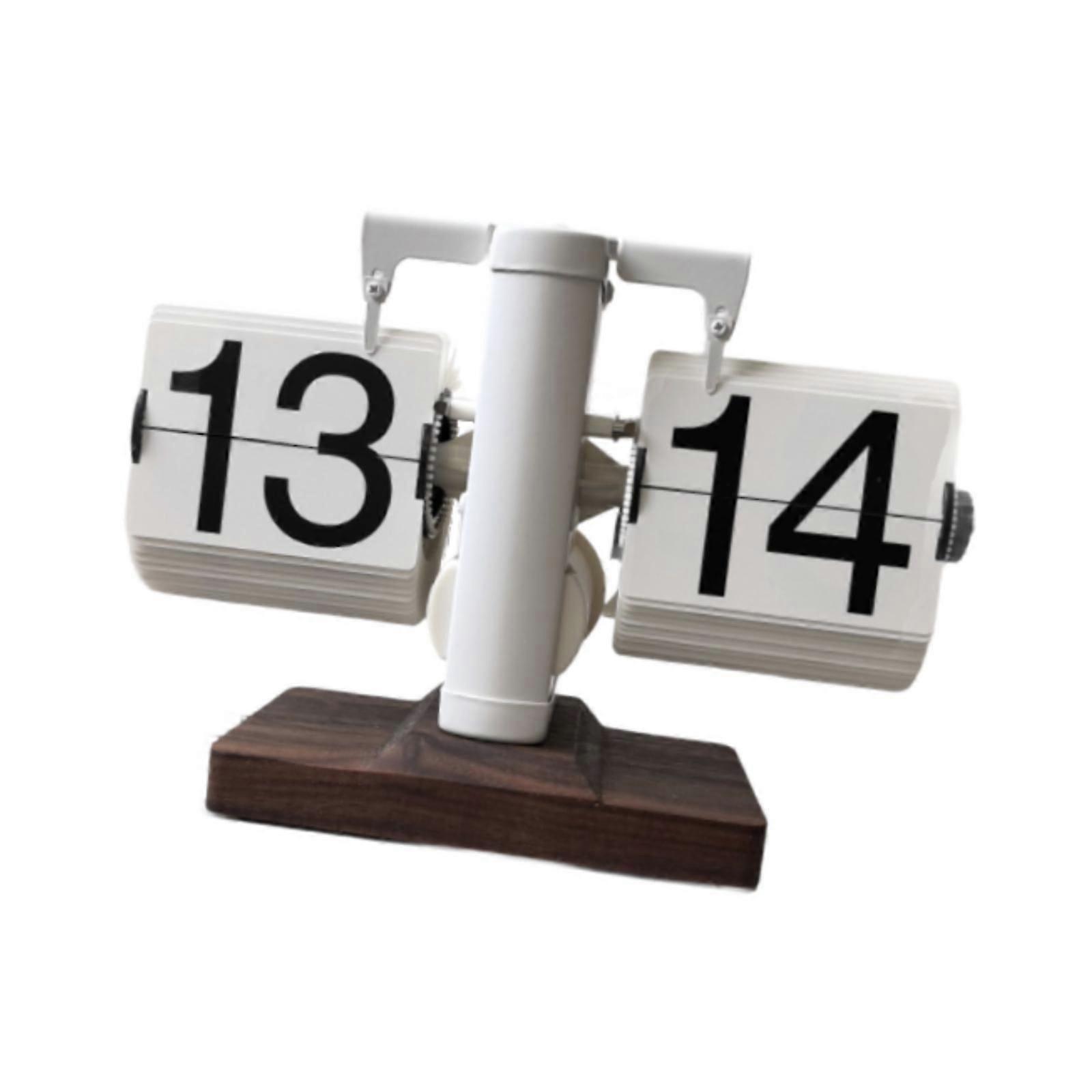 Flip Desk Clock with Wood Base Mechanical Page Turning for Cafe Desktop Home Black and White