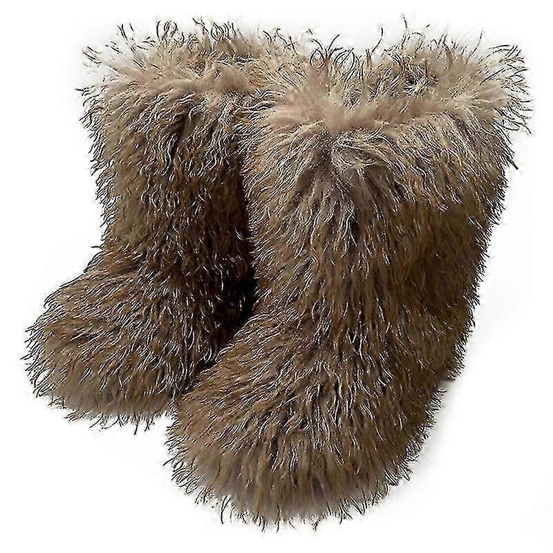 Boty z umělé kožešiny pro ženy Fuzzy Nadýchané chlupaté chlupaté boty s kulatou špičkou Semišové zimní boty Ploché boty-Yvan