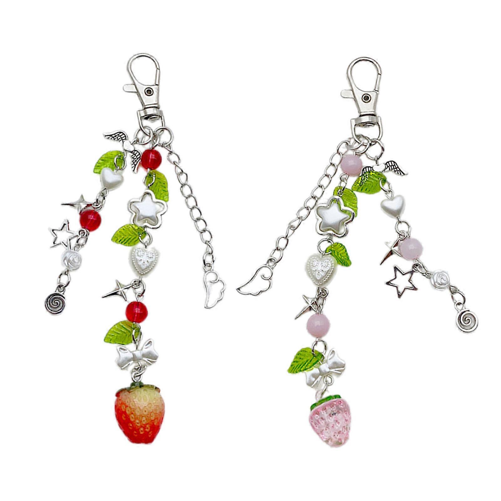 Käsintehty avaimenperä mansikka/persikka viehättävä värikäs helmillä varustettu avaimenperä lompakkotarvike muodikkaille henkilöille punainen vaaleanpunainen