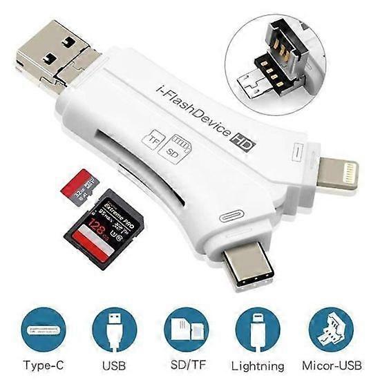 4 in 1 iPhone-Micro USB-USB Type-c-USB SD Card Reader for iPhone iPad Mac and Android SD and Micro SD PC white wow3381