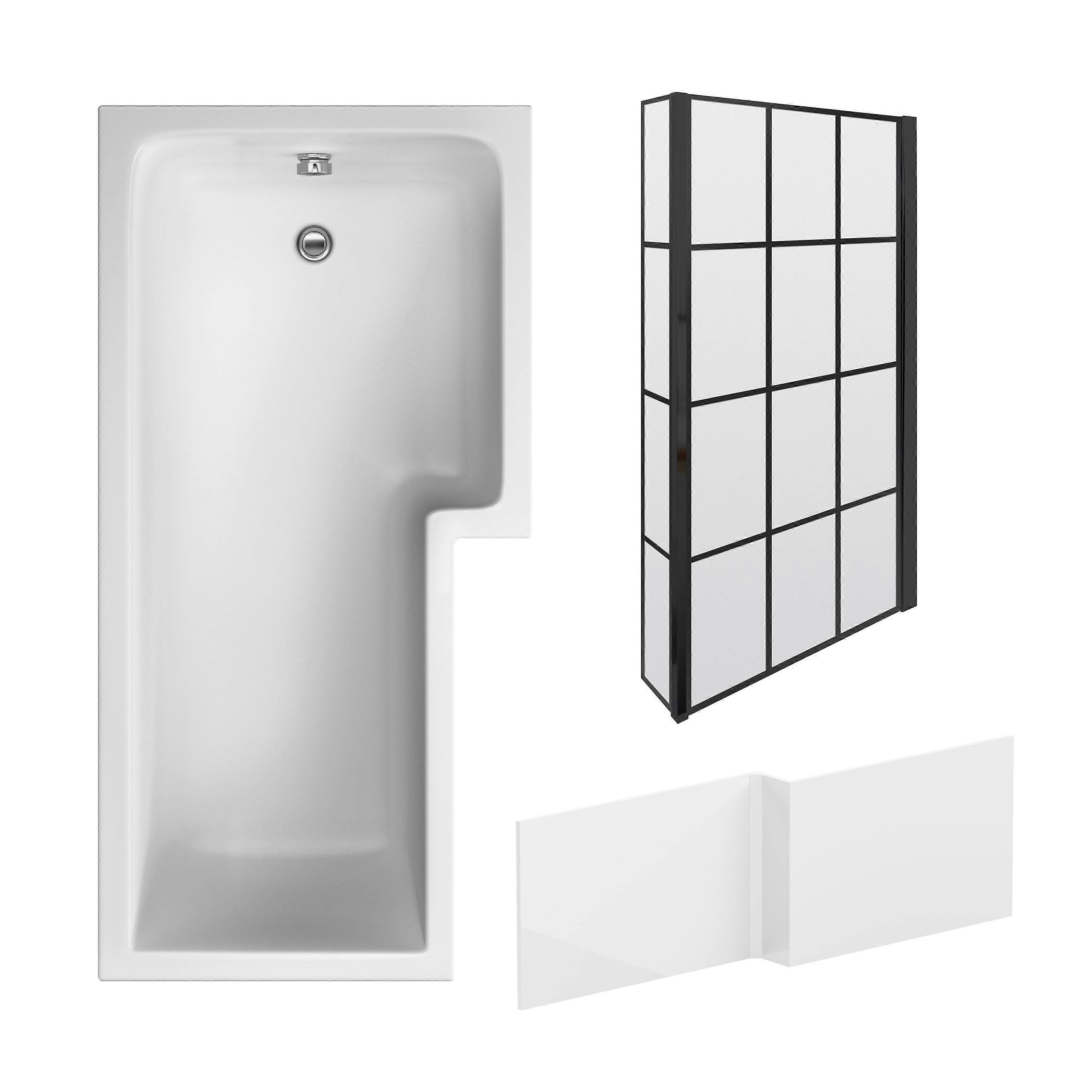 L Shape 1700x850 Shower Bath Set – Front Panel & Black Grid Fixed Return Screen, Right Hand