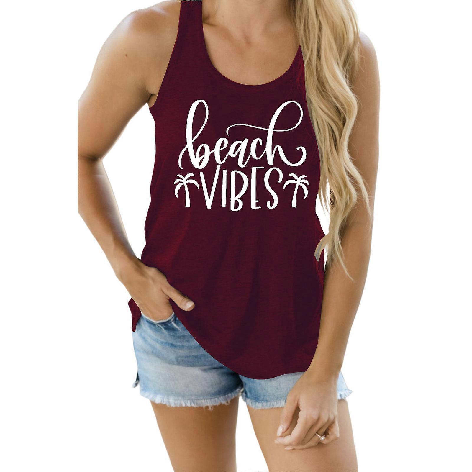 Bayanlar Casual Tatil Gömlekleri Üst Moda Mektup Baskı Cami Top Beach-Vibes Tanks Top Kadın Hindistan Cevizi Ağacı Kolsuz Yelek Bordo XL
