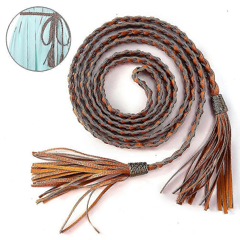 Women Braided Waist Belt Skinny Woven Tassel Belt For Dress