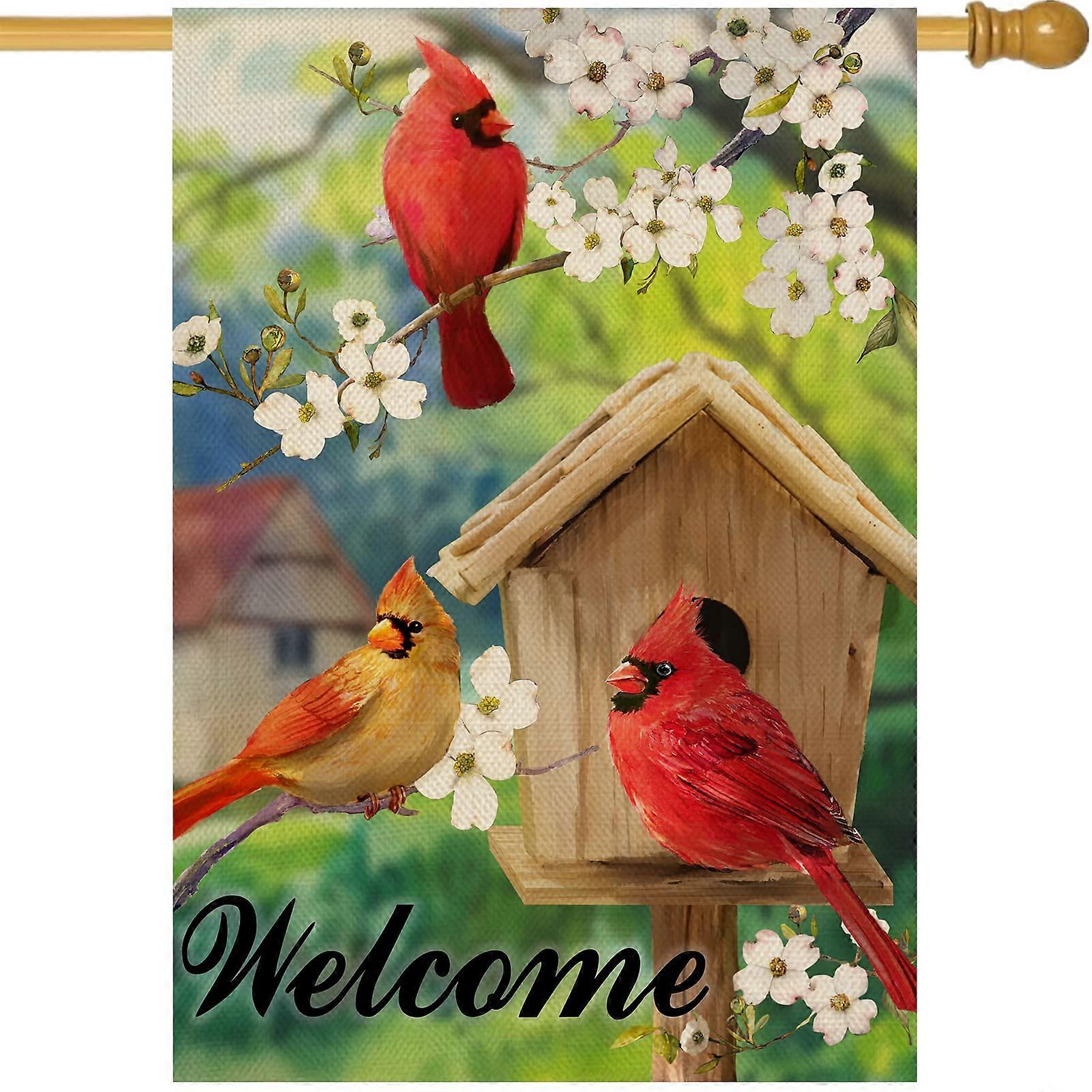 Welcome Summer Cardinal Red Birds Decorative Garden Flag for Home & Yard, 12x18 Inch Birdhouse Design
