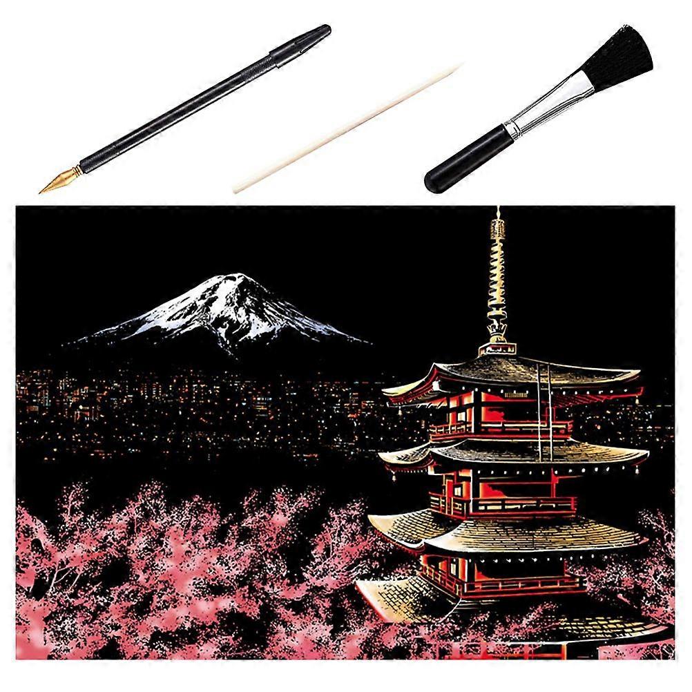 1 Ensemble De 4 pcs DIY Scratch Image Monture Fuji Scène De Nuit Scratching Dessin Peinture Papier Scratchboard Bambou Bâton Plaqué Or Stylo Brosse