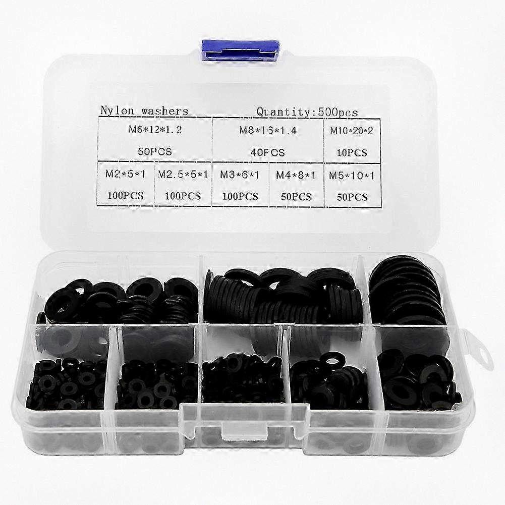 500pcs/box Nylon Washer Set Compatible with Various Sizes M2 M2.5 M3 M4 M5 M6 M8 M10 Hardware Fasteners Accessories in Black