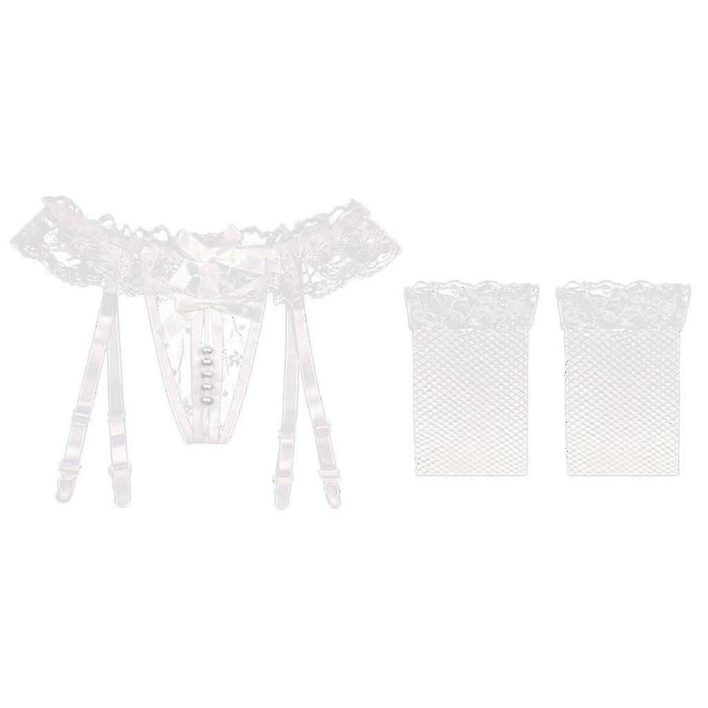 Pearl G String Thongs With Garter Belt Stockings Set White+mesh Stockings-dwdz