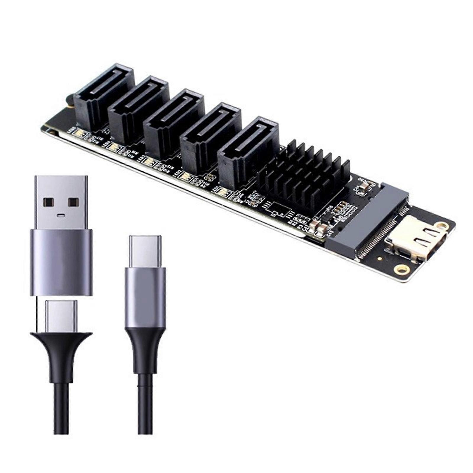 TypeC to SATA3 Converter Expansion Card, 5Ports 6Gbps Fast Speed, Intelligent LEDs, Heat Dissipation Wide Compatibility