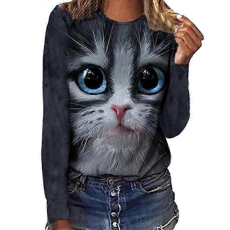 Kvinnor Höst Toppar Lös Katt Katt Mönster Print Causal Långärmad T-shirt Topp Blus