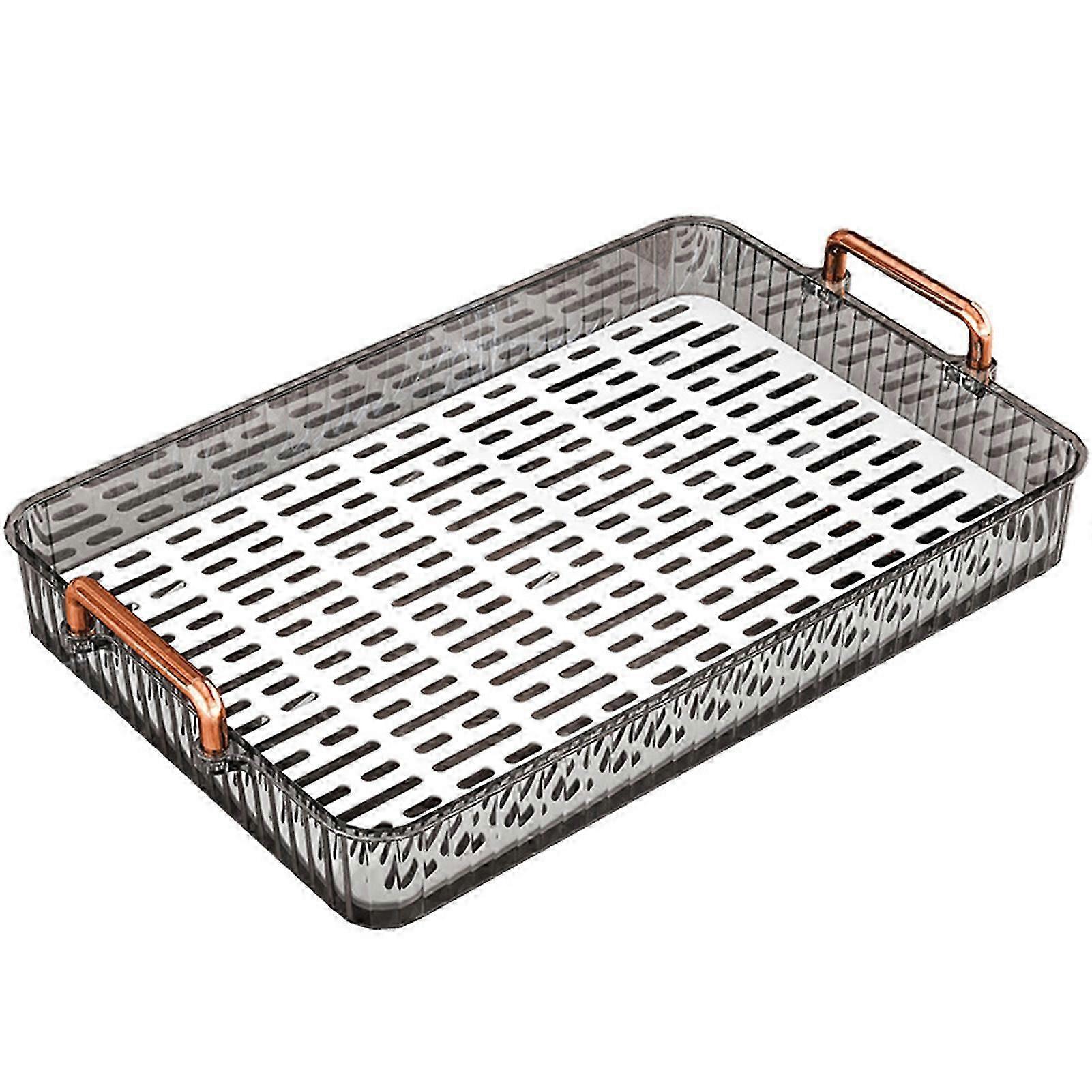 Double Layer Large Capacity Rectangular Tea Drain Tray with Handle for Living Room S Gray