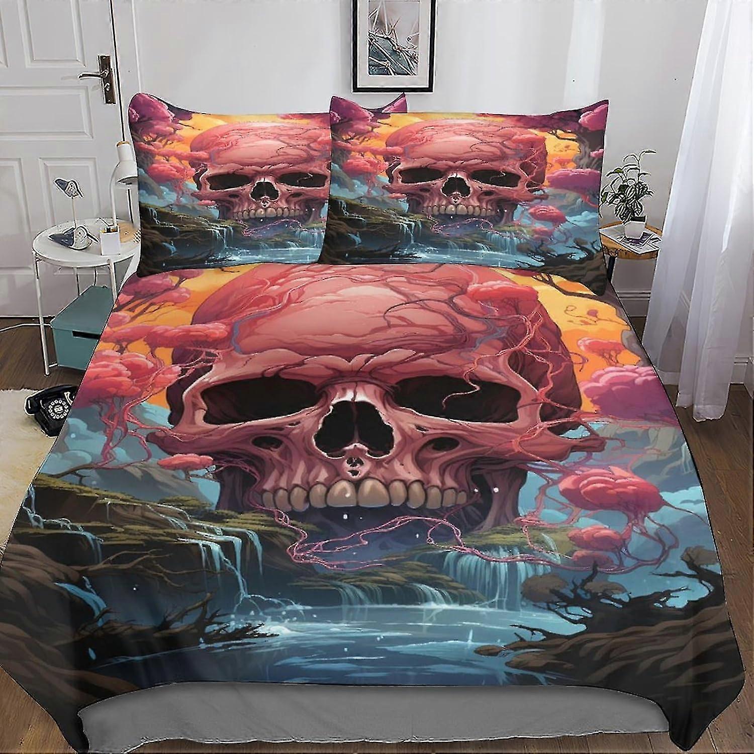 Skull Floral Microfiber Duvet Cover Bedding Set with 3D Print, Zipper Closure, Soft for Him and Her