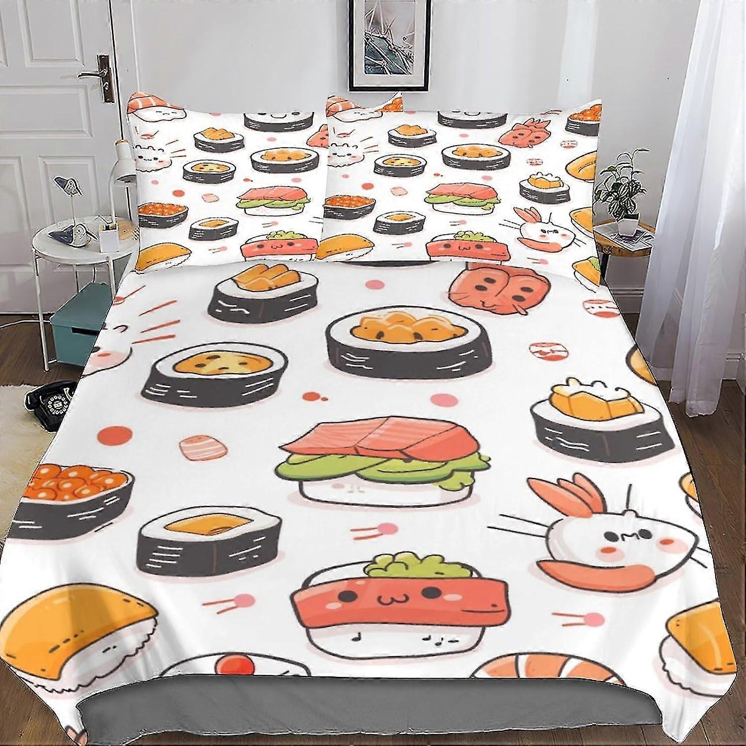 Cute Sushi 3-Piece Quilt Cover Bedding Set with 3D Print, Microfiber, Hidden Zipper Closure, and Pillowcases