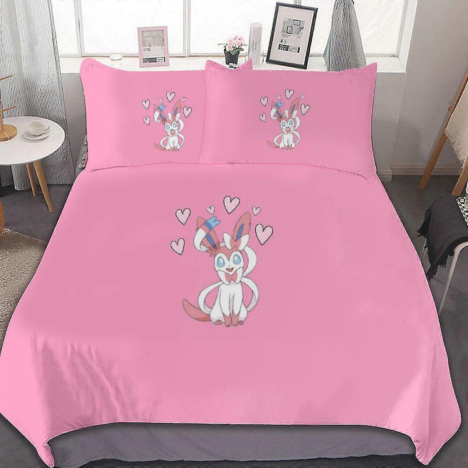Conjunto de Cama de 3 Peças com Design Rosa Sylveon - Conjunto de Conforto Macio para Presentes de Quarto Incluindo 1 Capa de Edredom e 2 Fronhas