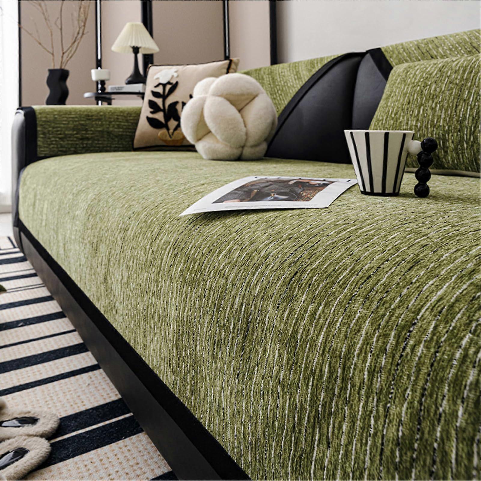 Chenille Couch Covers, Green Striped, Anti-Slip, Scratch-Resistant Sofa Protector, 28x59in, Year-Round Furniture Cover