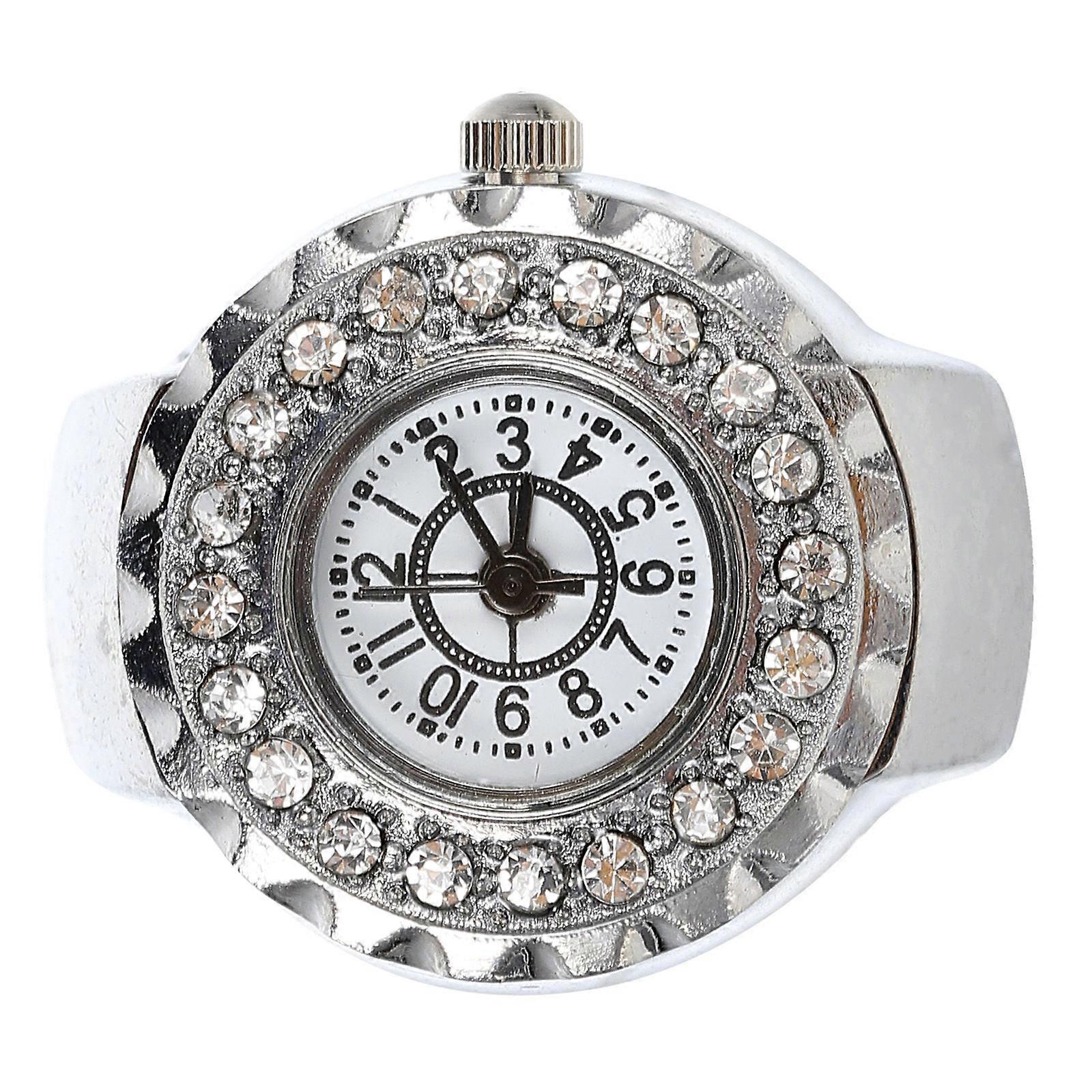 Shiny Small Finger Ring Watch with Silver Decorative Elastic Band, Stainless Steel and Glass Construction, Easy to Read Numbers for Durable Wear