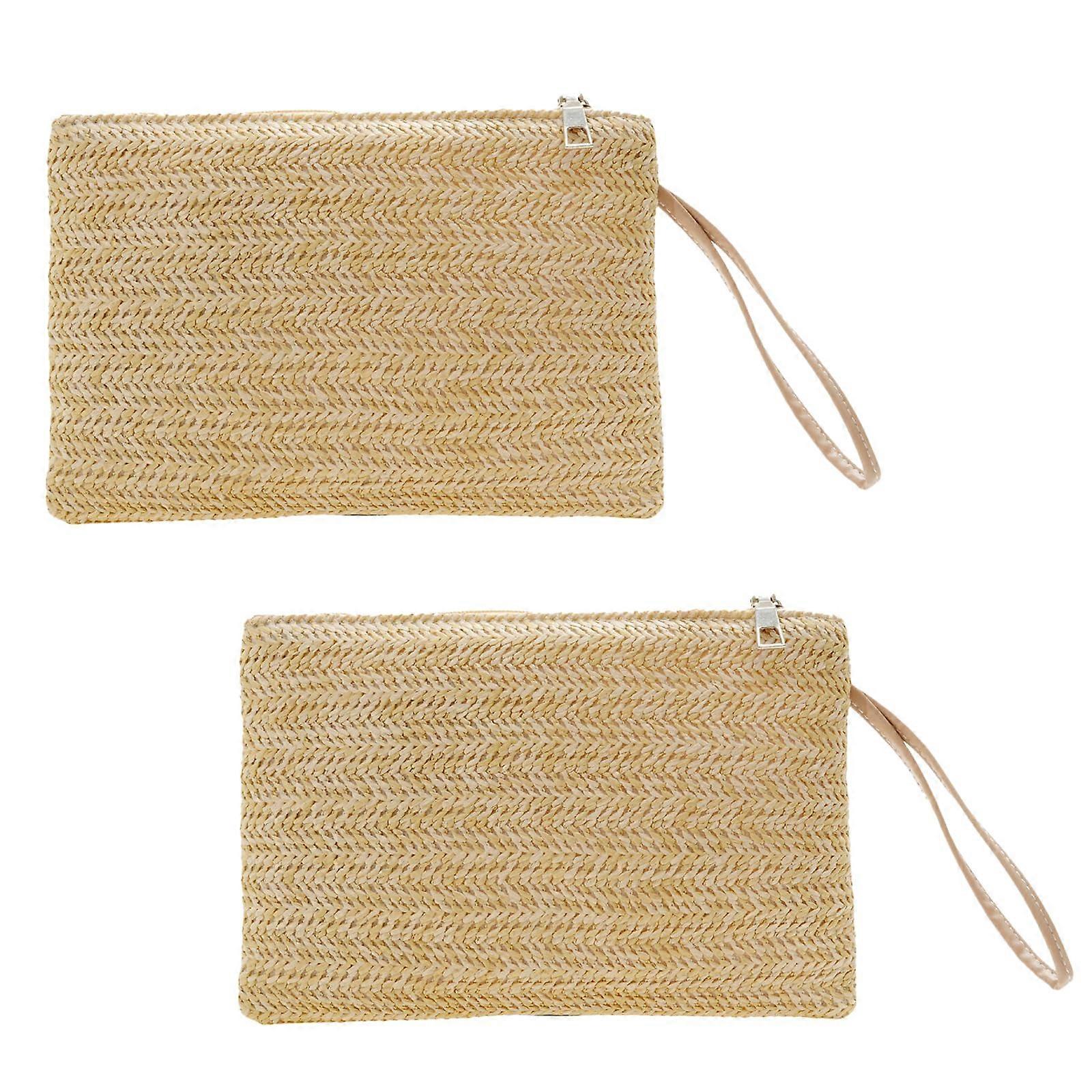 Women's Straw Clutch Bags Set – Summer Handbag and Wristlet for Beach, Khaki Color, Lightweight Straw Material