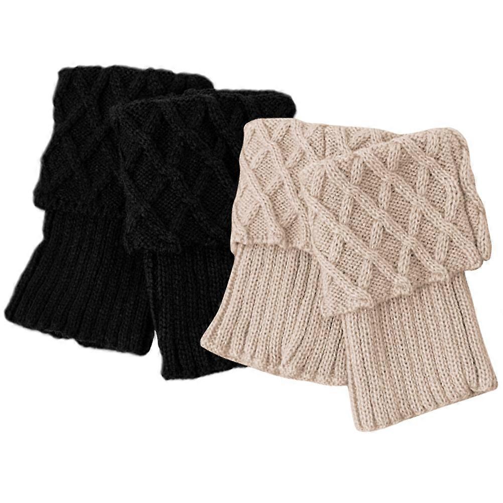 Thickened Knitted Winter Sock Covers Stylish Short Leg Warmers for Cold Days, Holiday Accessories (2 Pairs, Black & Beige)