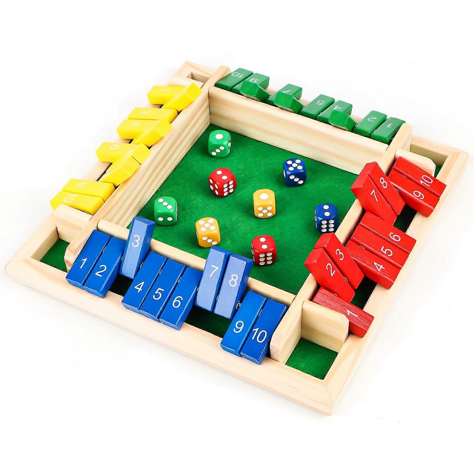 Wooden Board Game Shut The Box for 4 Players, Travel Size 8.85x8.85in, Multicoloured Dice Game for Family Fun