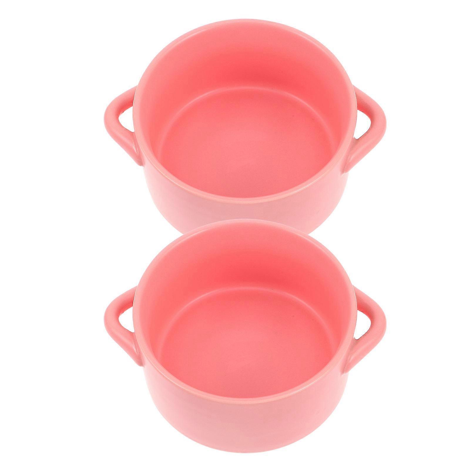 Ceramic Baking Dish 2Pcs Oven Safe Round Kitchen Bakeware With Handles For Home Cooking And Restaurant Use Pink