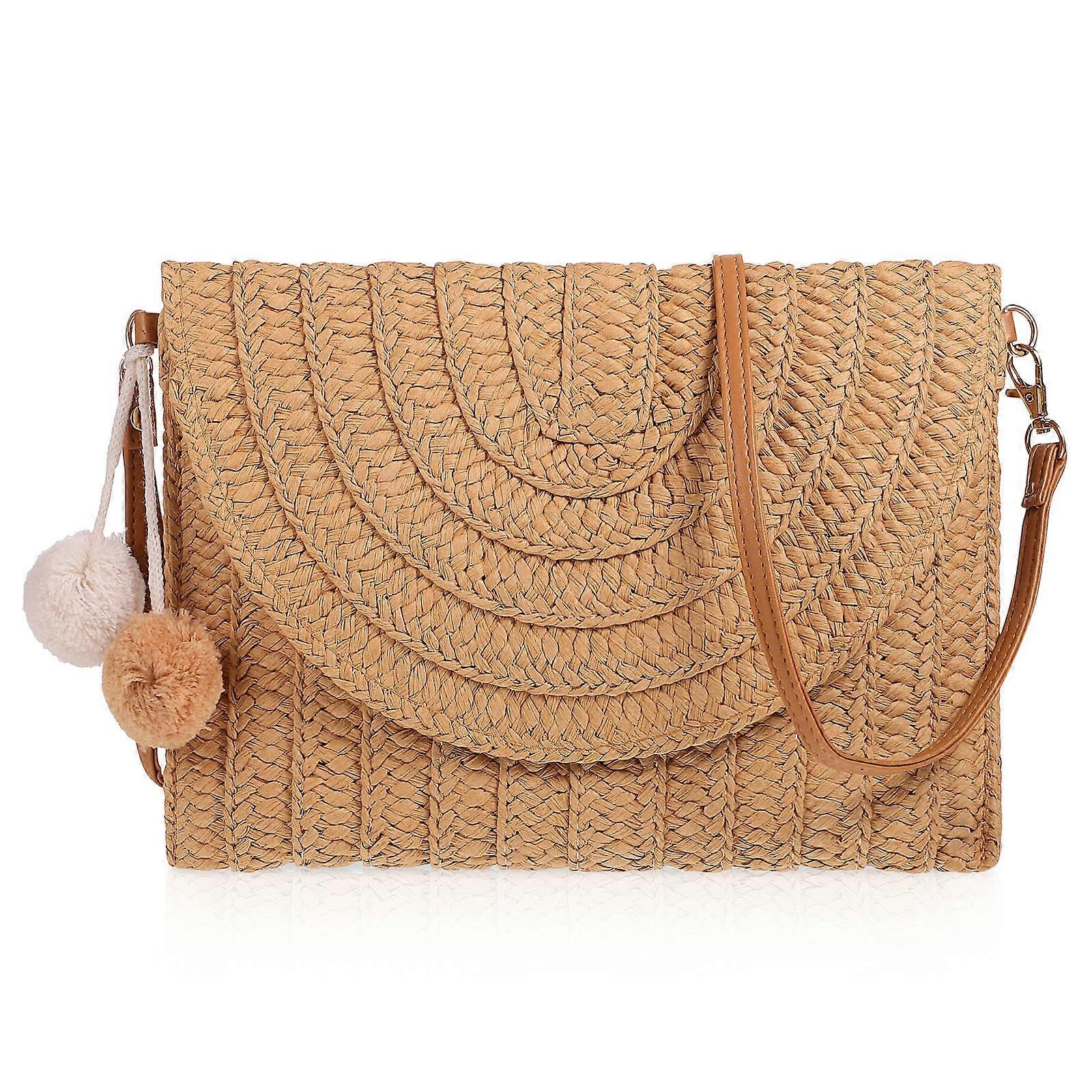 Light Brown Straw Clutch with Detachable Strap for Beach Parties and Travel 10.5x6.5 Inches