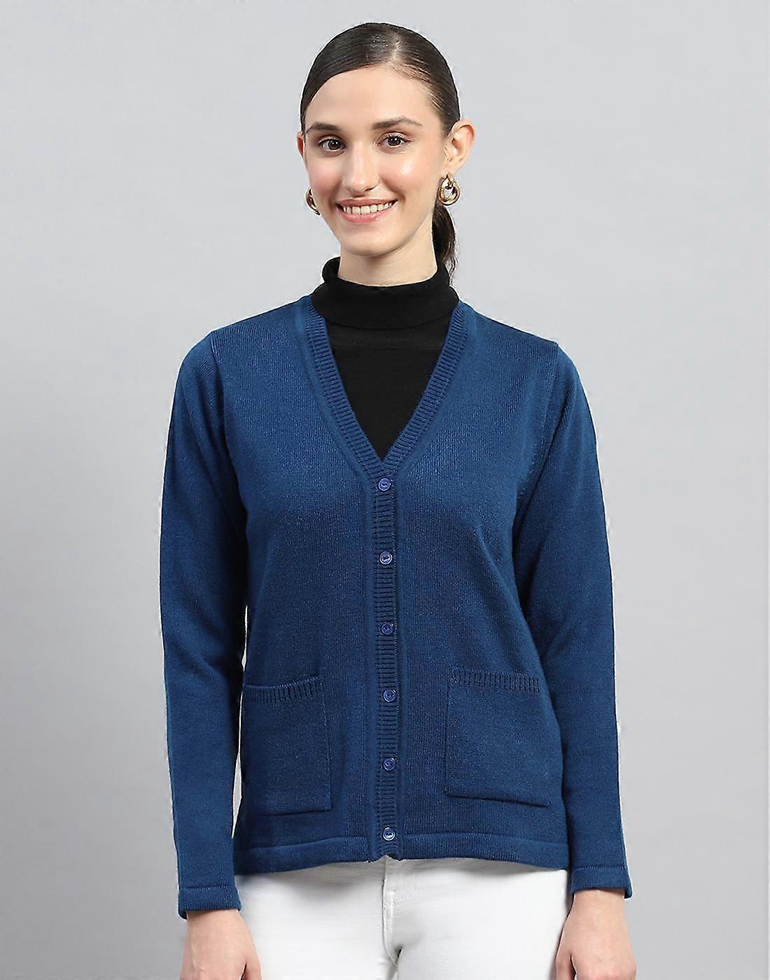 Monte Carlo Womens Blue Solid V Neck Full Sleeves Cardigan
