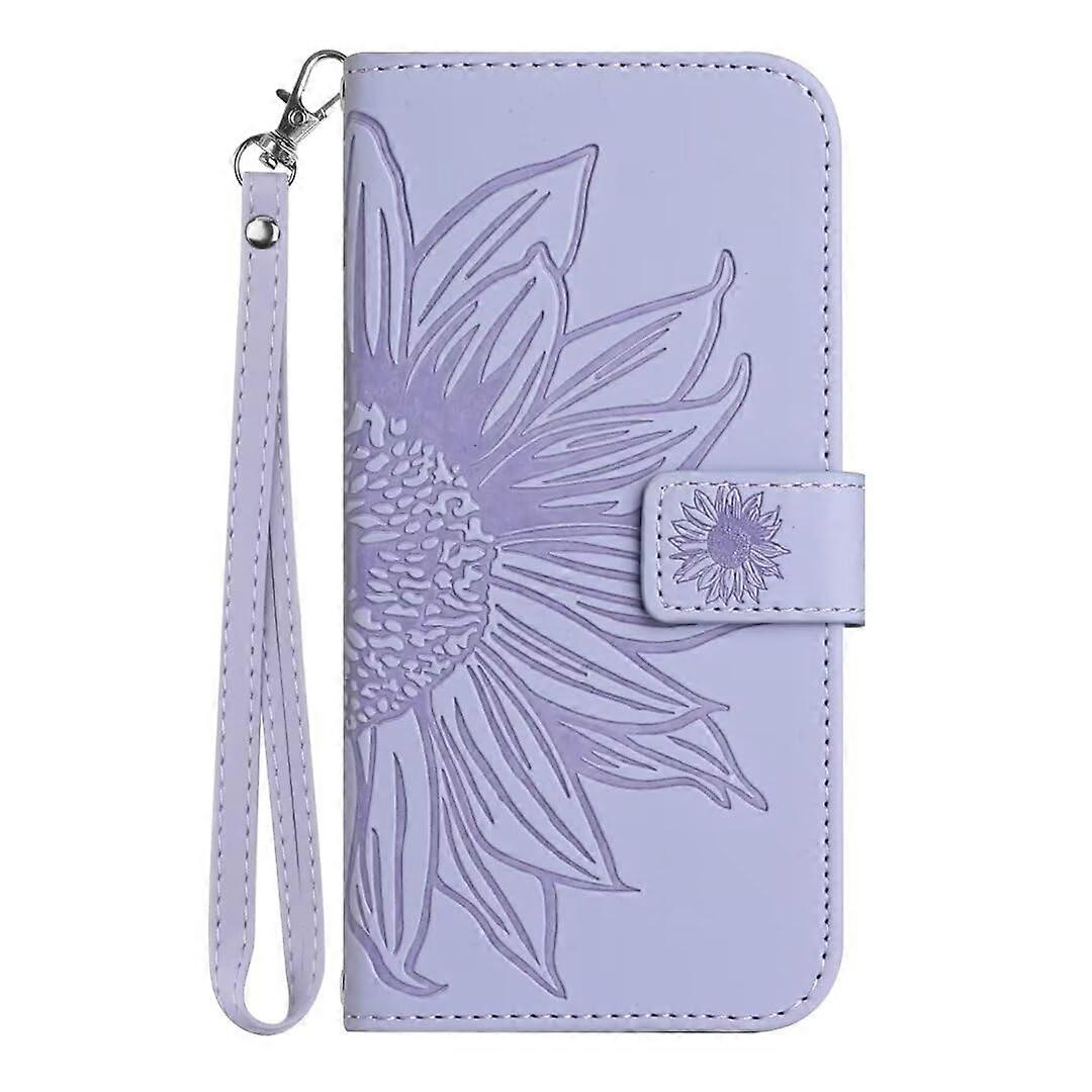 Wallet Case for iPhone 16 Pro Max With Embossed Sunflower Leather Folio, Shockproof ID Card Slots, Wristlet, Lavender