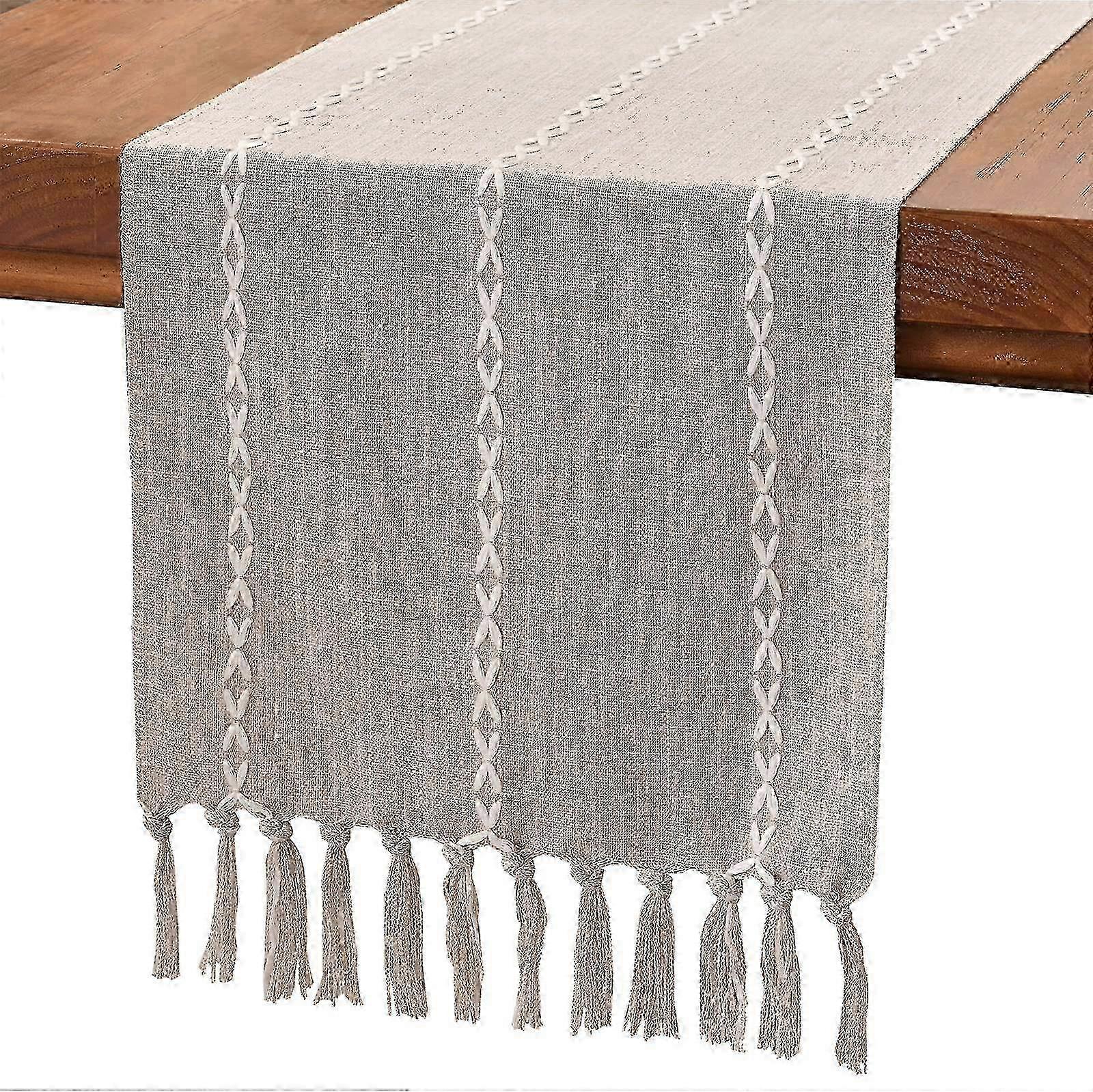 Farmhouse Style Cotton Linen Table Runner with Tassels 180cm for Dining Table Decor & Party Setting