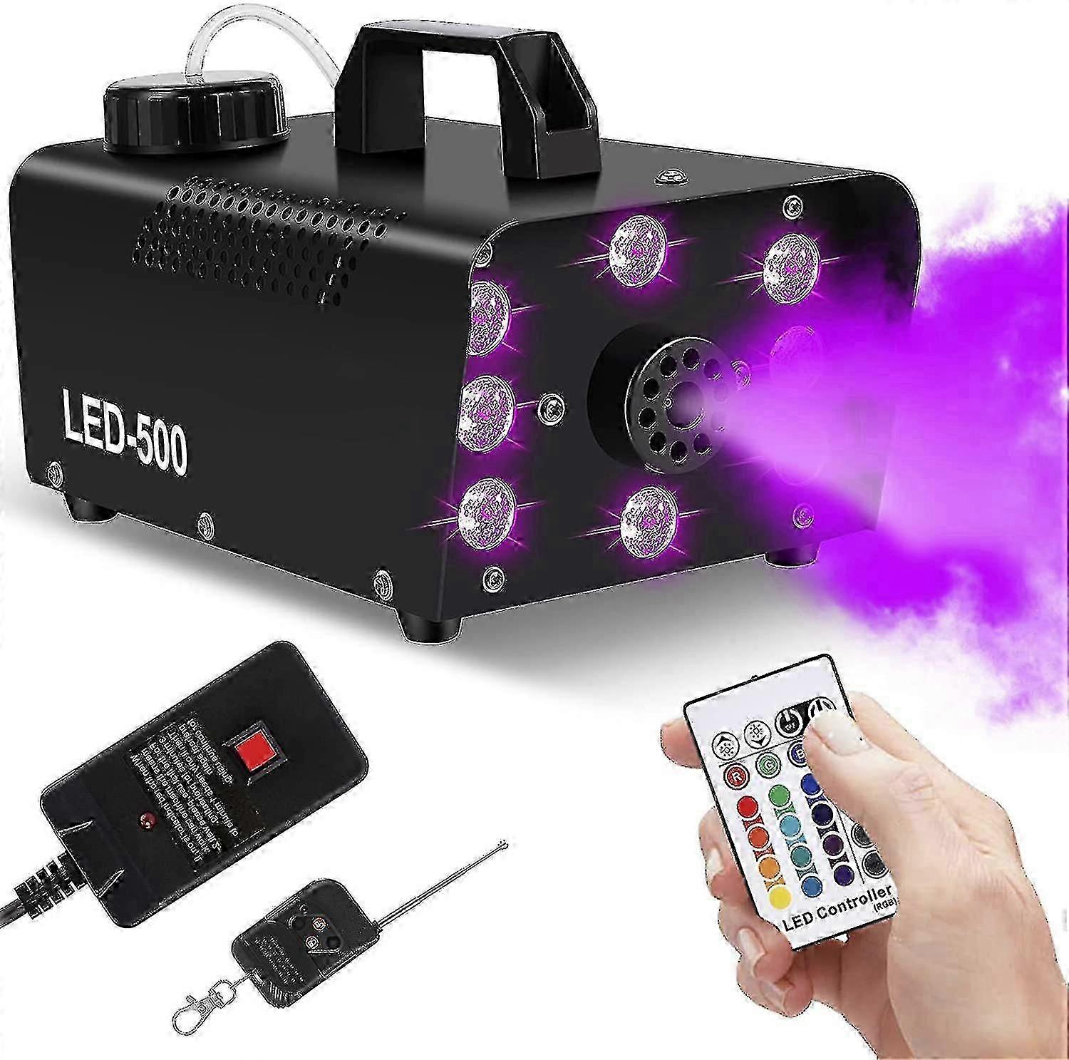 Machine à fumée télécommandée avec 8 lumières LED colorées, puissance 500w et 2000-4000cfm avec télécommandes sans fil, parfait pour le mariage, Halloween et