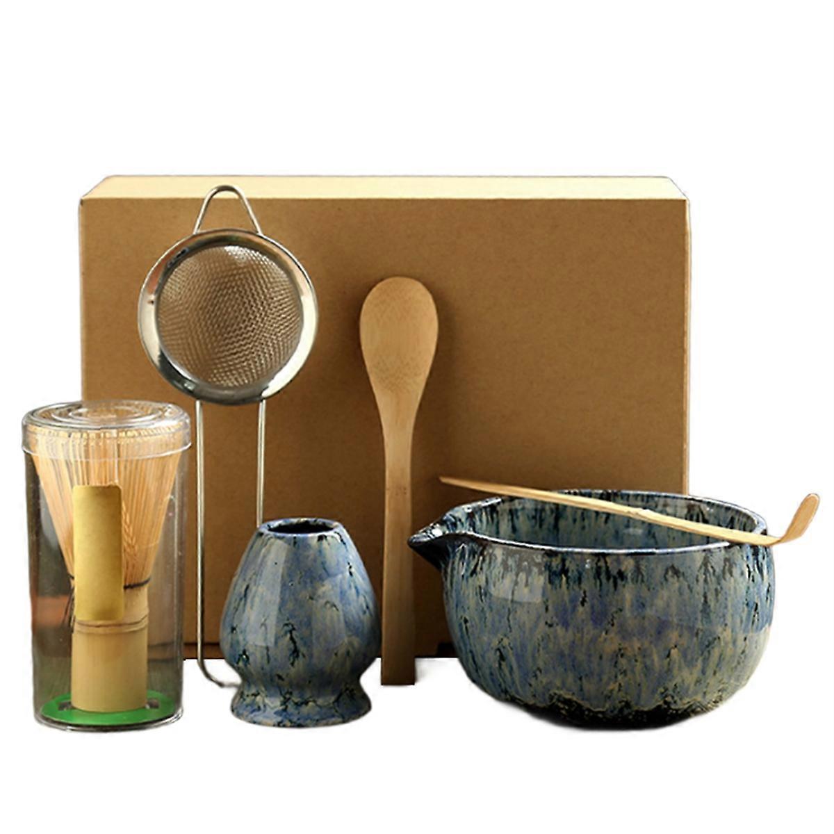 6Pieces Japanese Matcha Tea Set Safe Bamboo Whisk Teaspoon Tea Sets Matcha Bowl Matcha Whisk Holder for Tea Lovers Blue