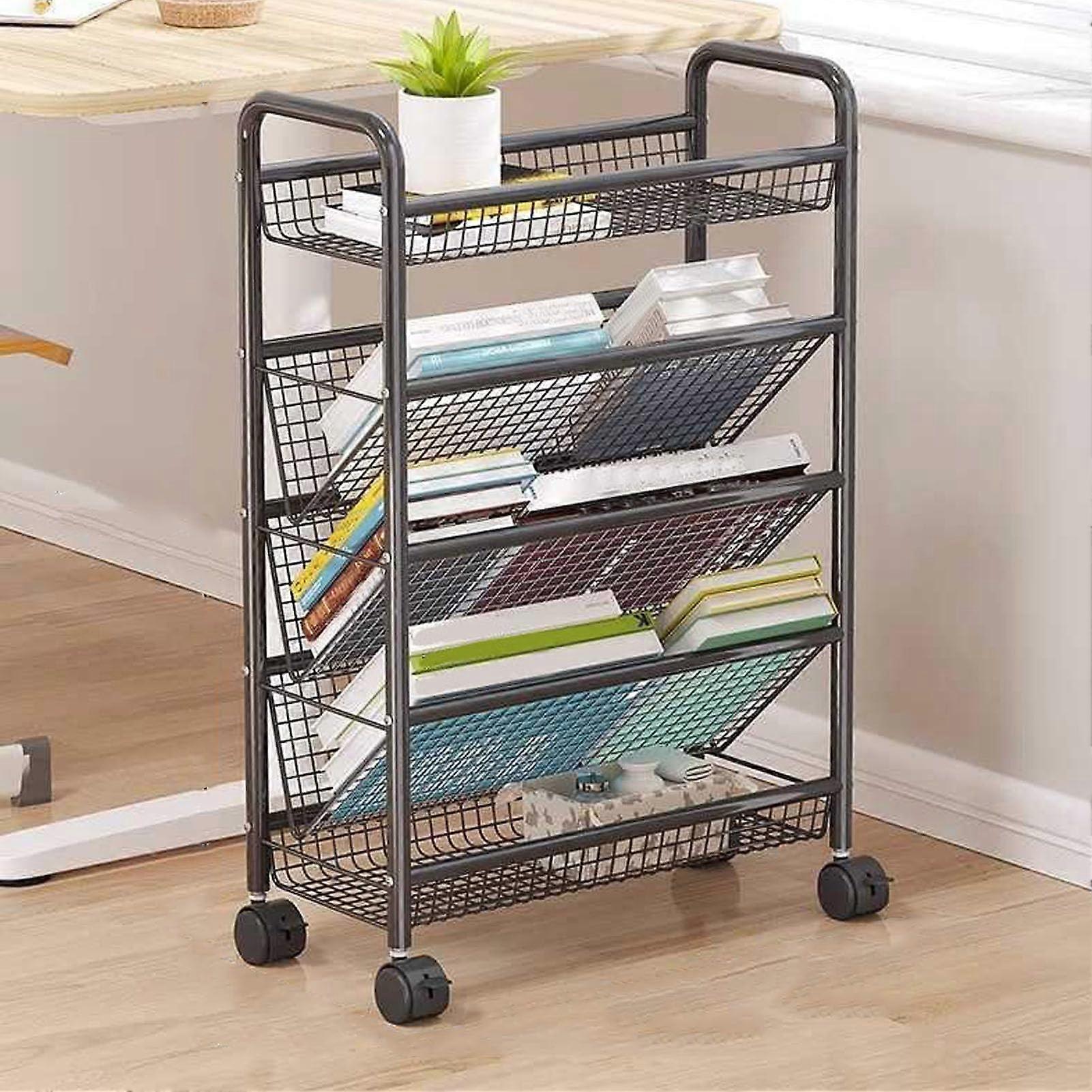 Rolling Book Cart, 5Tier Black Metal Utility Cart With Wheels, Mobile Storage Trolley, EasyAssembly Desk Organizer