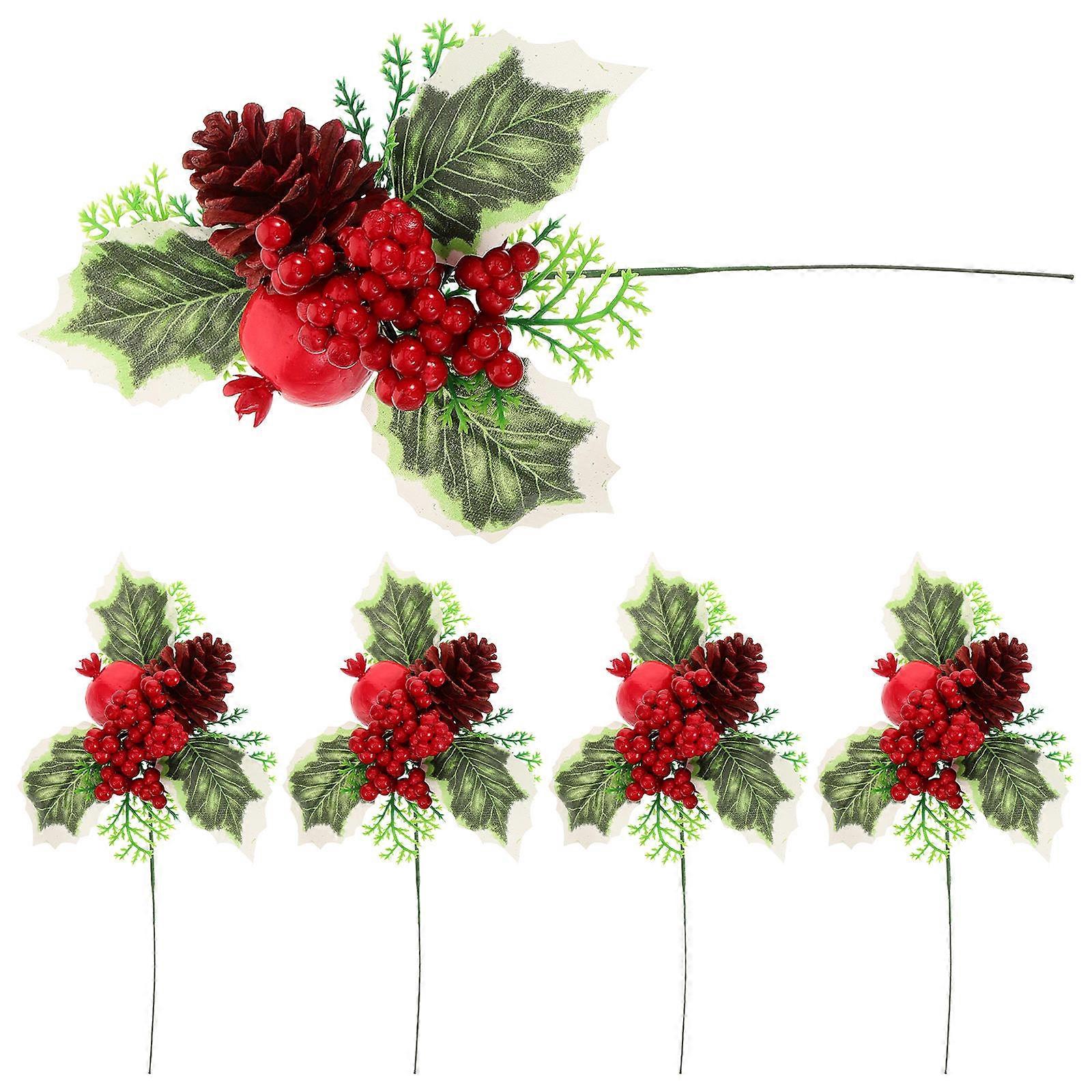 Christmas Pine Cone Picks Décor for Home Decorating Multi Color Artificial Small Pomegranate Leaf Branches for Wreaths and Trees 5Pcs
