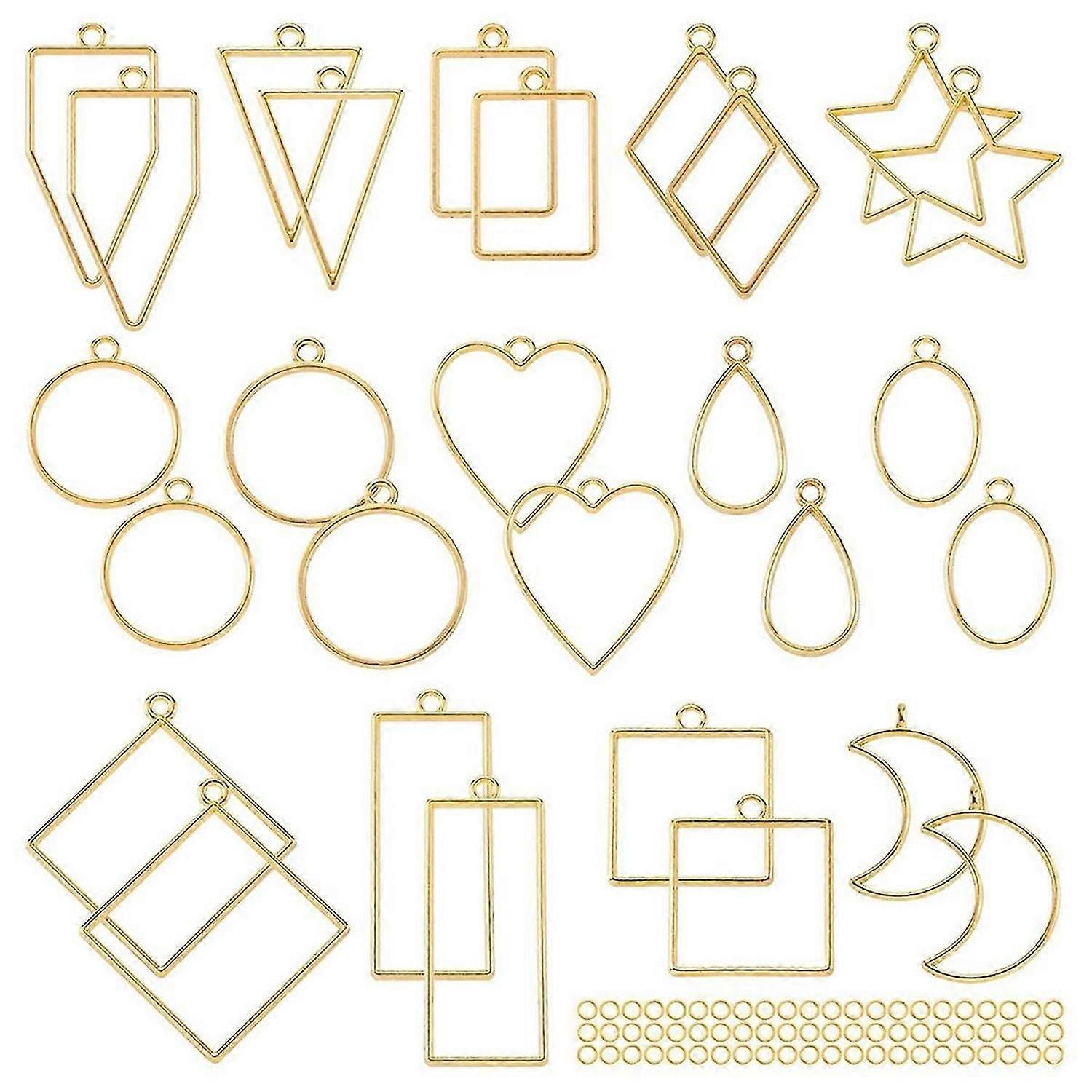 Open Bezel with 100 Jump Rings, Gold Heart Star Moon Hollow Frame Pendant Mold Kit for Resin Casting