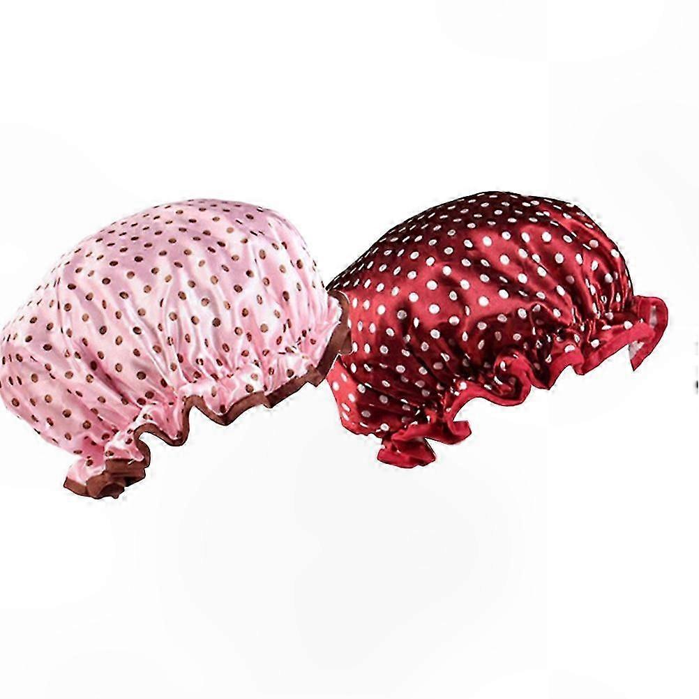Waterproof Shower Cap with Dots Pattern, Elastic Bathing Hat for Women & Men, Wine Red Dots, 2-Pack