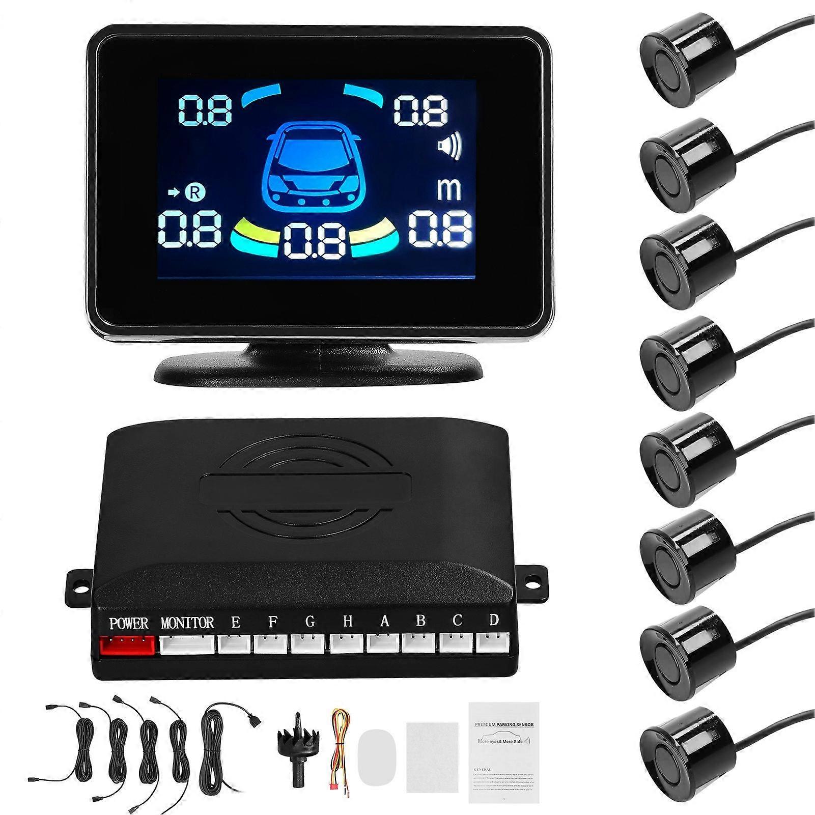 Car Parking Sensor Reversing Radars System Front & Rear Support Sound Warning/Buzzer/Mute with 8 Parking Sensors Distance Detection LCD Distance Displ