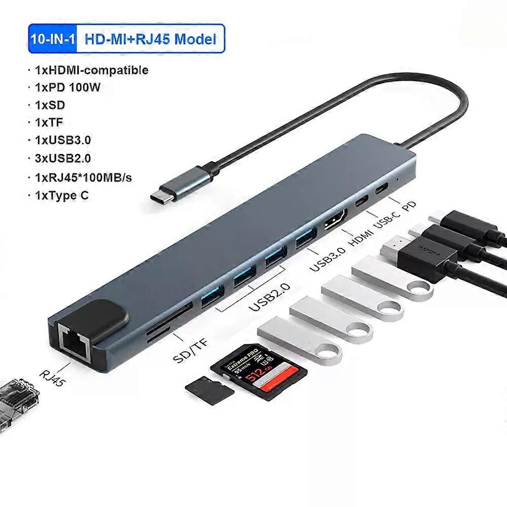 10-in-1 USB C Docking Station USB C HUB Type C to 4K HDMI Adapter USB C Splitter PD/RJ45/USB 3.0 5Gbps/SD/TF For Laptop Macbook