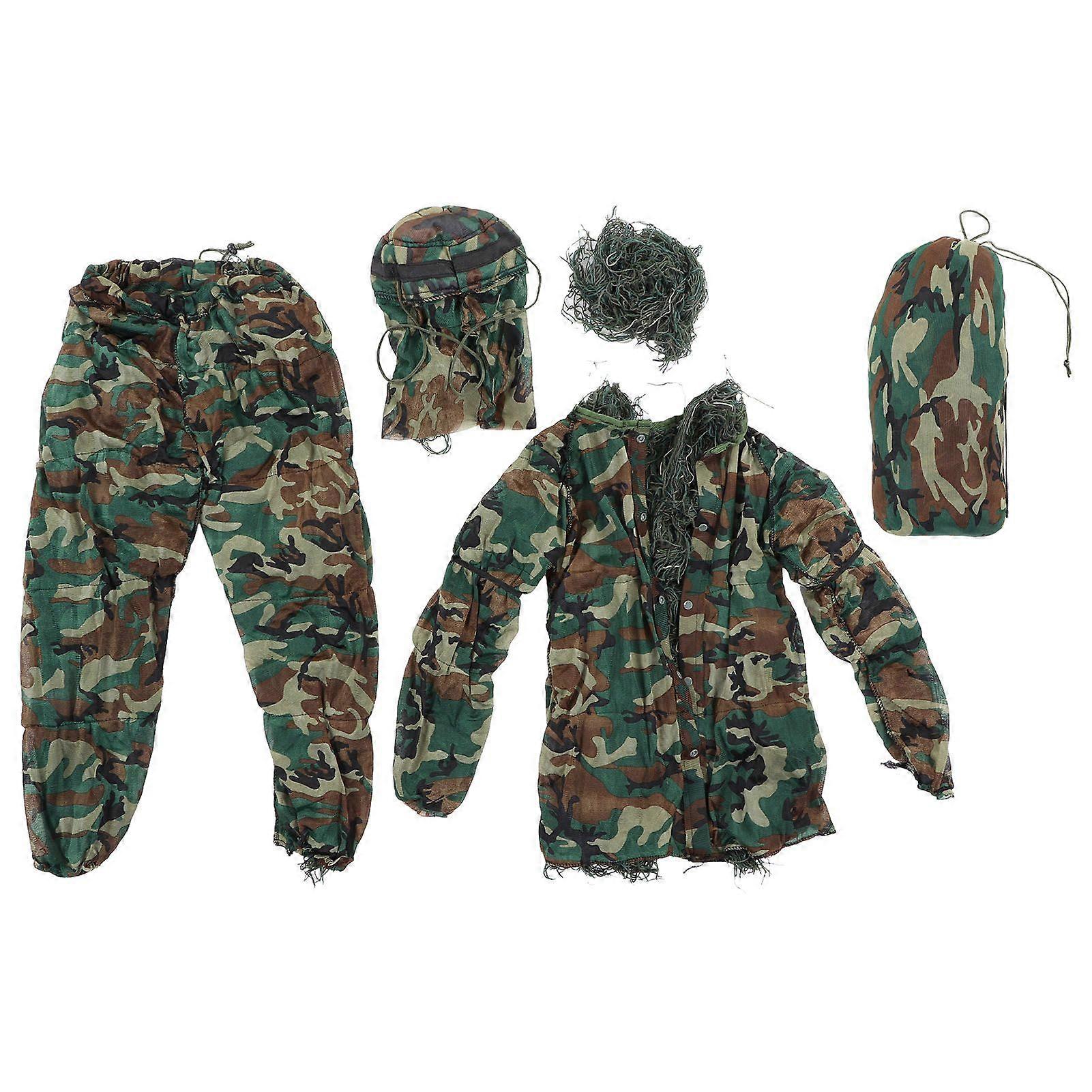 Ghillie Suit 5 in 1 Green Camo Suits Include Jacket Pants Hood Carry Bag Camo Tapes for Kids Teens Height 4.3 to 4.9ft