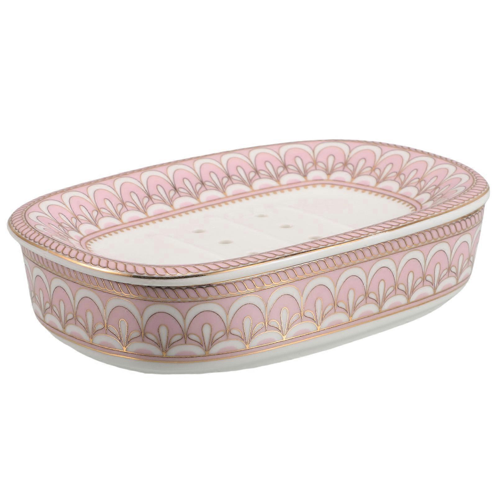 Bathroom Ceramic Soap Dish with Self Draining Function 3Pcs Pink Set